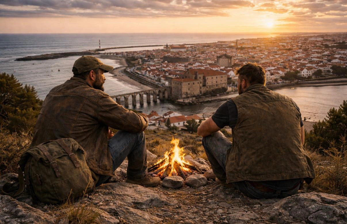 men watching sunset together